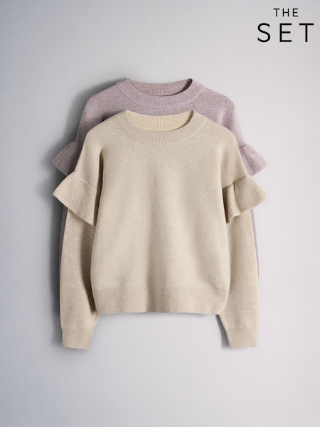 Pink/Cream - The Set 2 Pack Long Sleeve Knitted Frill Jumpers