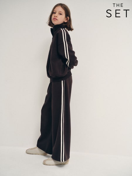 Chocolate Brown - The Set Side Stripe Zip Neck And Wide Leg Joggers Set