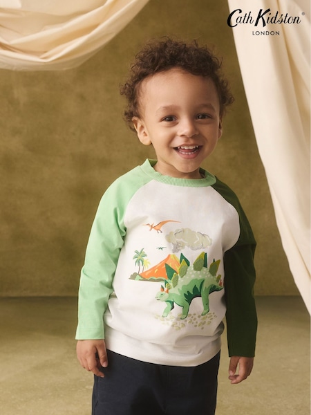 Ақ/Жасыл - Cath Kidston Raglan Dinosaur Embroidered Cath Kidston Long Sleeve T-shirt (3mths-7yrs)