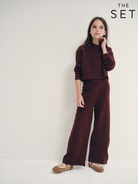 莓紅色 - The Set Knitted Long Sleeve Top And Wide Leg Joggers Set