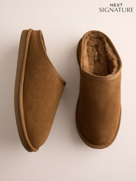 Marrón tostado - Regular Faux Fur Lined Signature Suede Mule Slippers