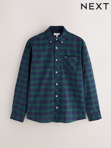 Navy Blue/Green - Regular Stretch Oxford Check Long Sleeve Shirt