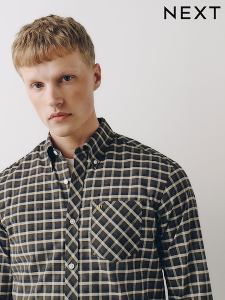 朱古力啡色 - Regular Stretch Oxford Check Long Sleeve Shirt