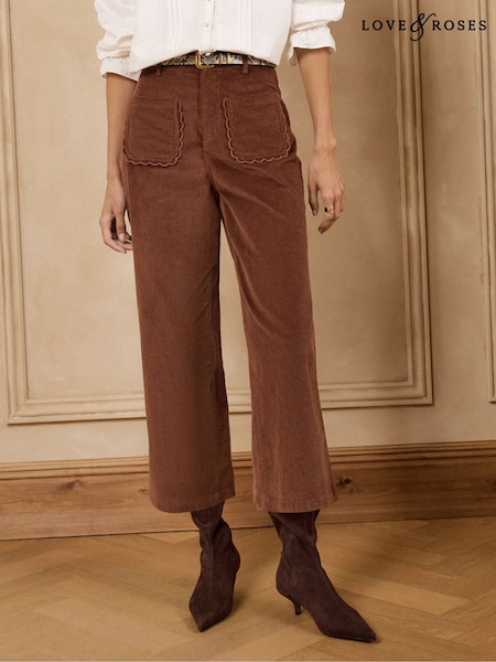 Cinnamon Brown - Love & Roses Wide Leg Cropped Corduroy Trousers