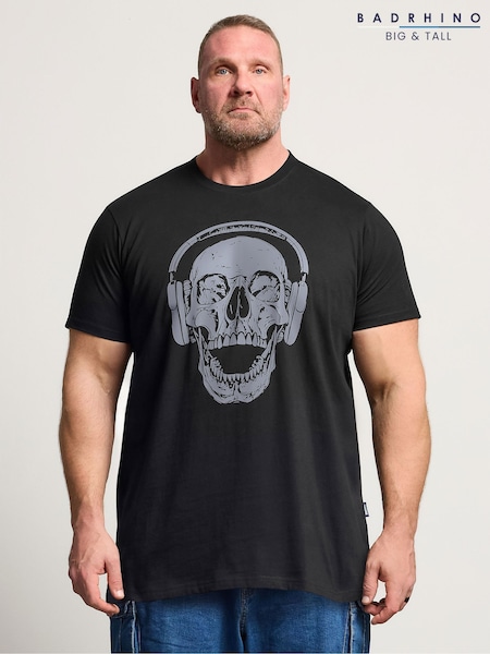 Černý - Long Badrhino Big & Tall Skull Headphones T-shirt