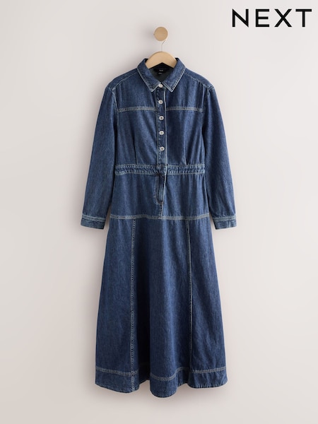Dark Blue - Long Sleeve Midi Denim Shirt Dress