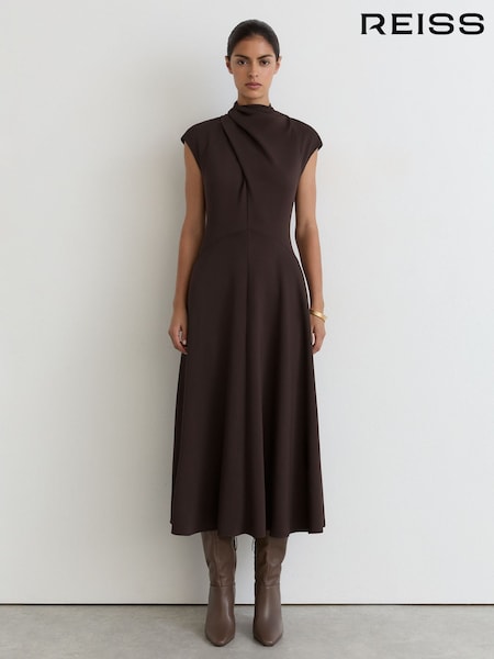 Grape Burgundy - Reiss Alma High-neck Pleat-detail Midi Dress