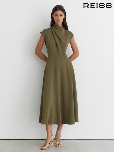 Vert kaki - Reiss Alma High-neck Pleat-detail Midi Dress