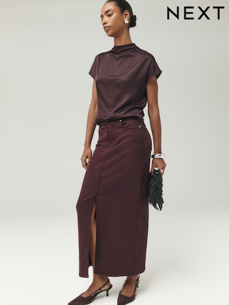 Burgundy Red - Split Front Denim Midi Skirt