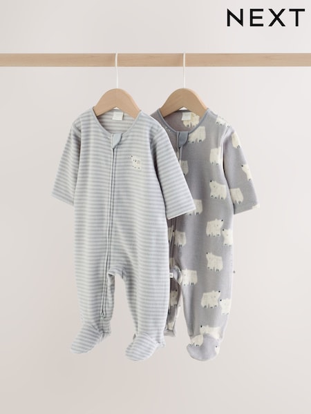 Grey Polar Bear - Micro Fleece Two Way Zip Sleepsuits 2 Pack