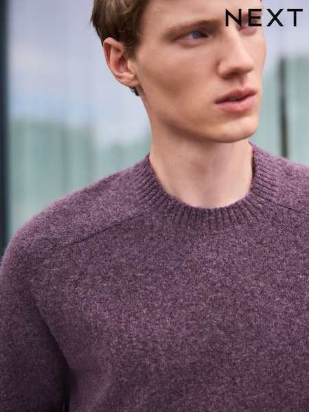 Purple - Regular Relaxed Fit Cosy Crew Neck Jumper With Wool
