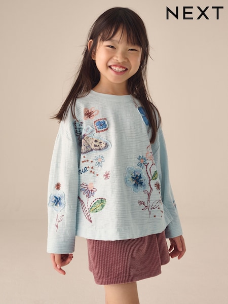 Blue Embroidered Butterfly - Long Sleeve Top (3-16yrs)