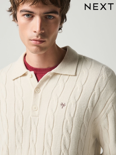 Ecru White - Regular Cable Knitted Polo Jumper With Wool