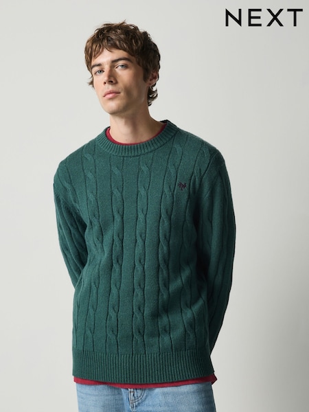 Green - Regular Cable Knit Crew Neck Jumper
