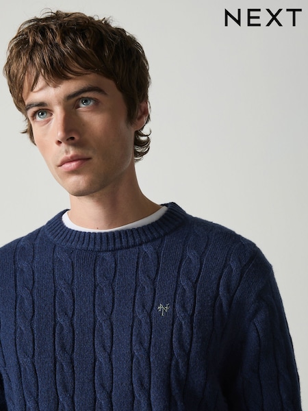 Blue - Regular Cable Knit Crew Neck Jumper