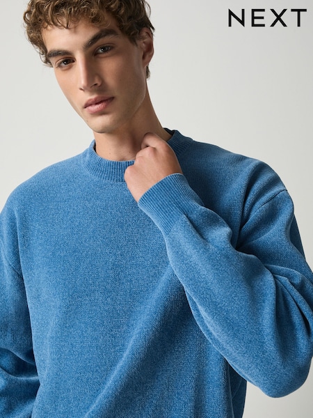 Blue - Regular Chenille Crew Neck Jumper