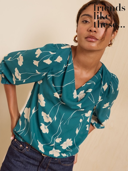 Teal Floral - Friends Like These Cowl Neck Shirred Cuff Blouse
