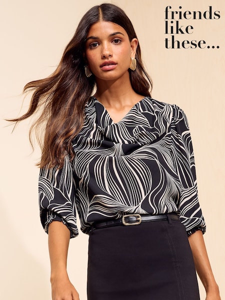 Black Printed - Friends Like These Cowl Neck Shirred Cuff Blouse