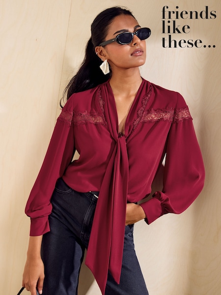 Red - Friends Like These Lace Detail Long Sleeve Tie Neck Blouse