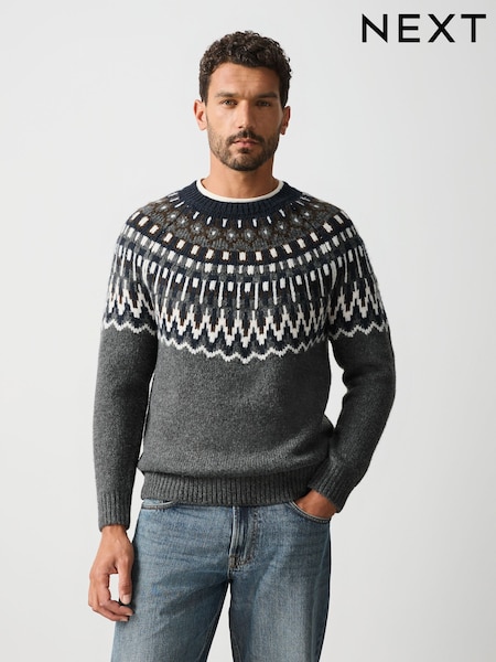 Szary - Regular Fair Isle Pattern Knitted Crew Neck Jumper