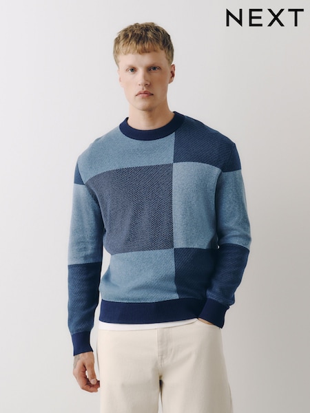 Blue - Regular Check Crew Neck Jumper
