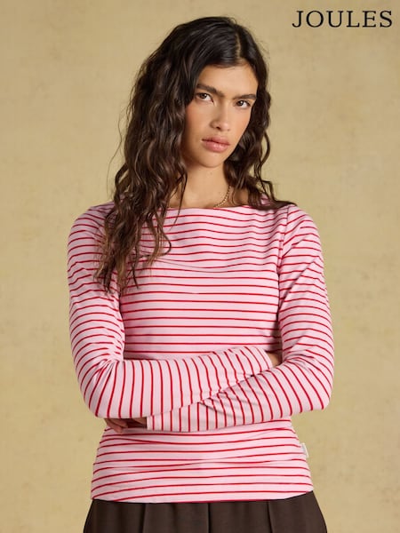 Pink/Red - Joules Double Layer Front Long Sleeve Boat Neck Jersey Top