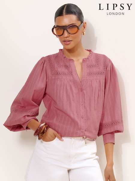وردي - Lipsy Broderie Insert Trim Grandad Shirt
