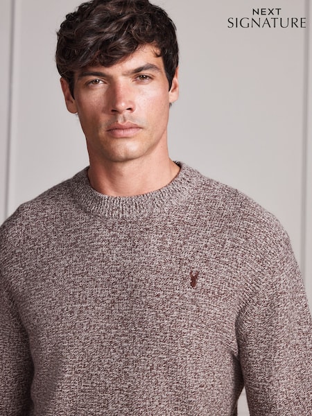 Neutral - Regular Signature Twisted Lambswool Stag Logo Crew Neck Jumper