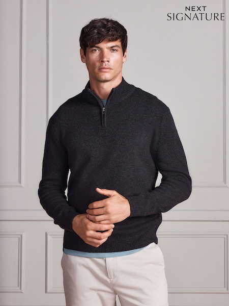 Brown - Regular Signature Lambswool Quarter Zip Jumper