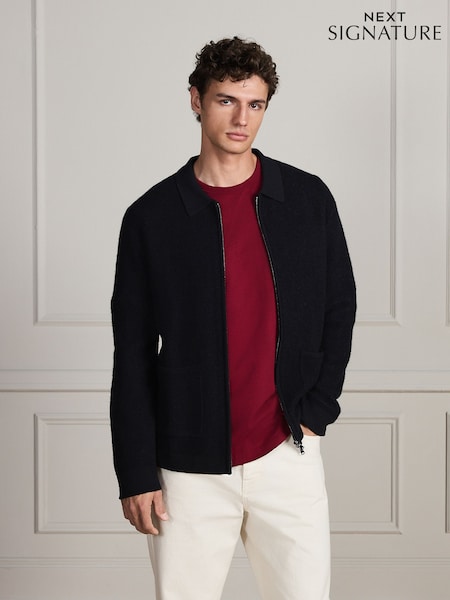 Black - Regular Signature Boiled Wool Zip Up Knitted Jacket