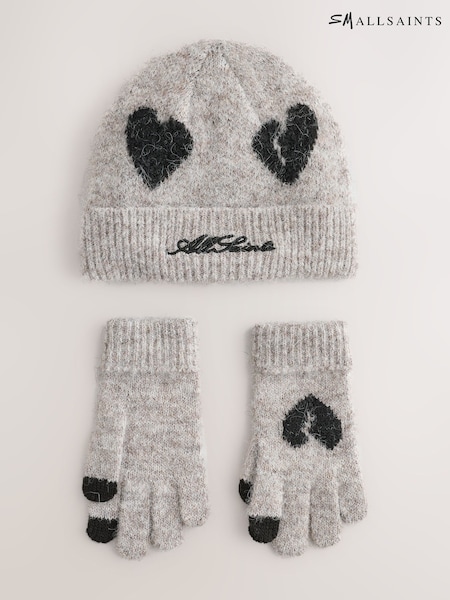 Brown - Smallsaints Script Logo Knitted Heart Motif Beanie And Gloves Set