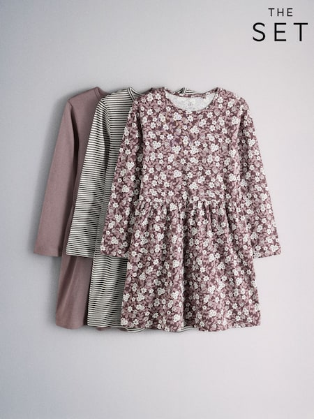 Purple Print/Stripe - The Set 3 Pack Long Sleeve Jersey Skater Dress