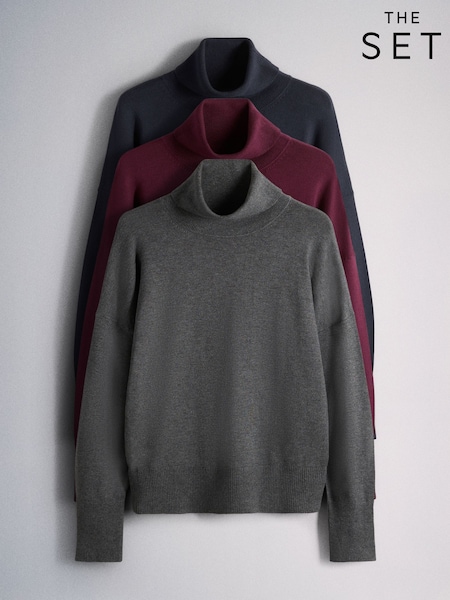 navy blue/Abong Uling/Pula ng Burgundy - Ang Set 3 Pack Fine Knit Roll Neck Jumper