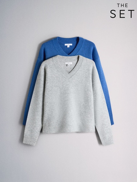 浅灰色混纺 Nouvean/海军蓝 - The Set 2 Pack V-neck Jumpers With Wool