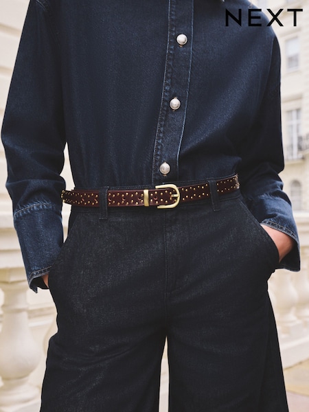 Rouge Bourgogne - Ceinture régulière en cuir cloutée