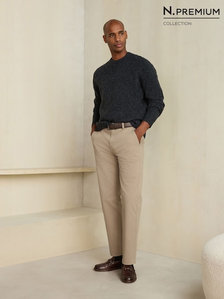 Stone - Straight Fit Belted Soft Touch Chino Trousers