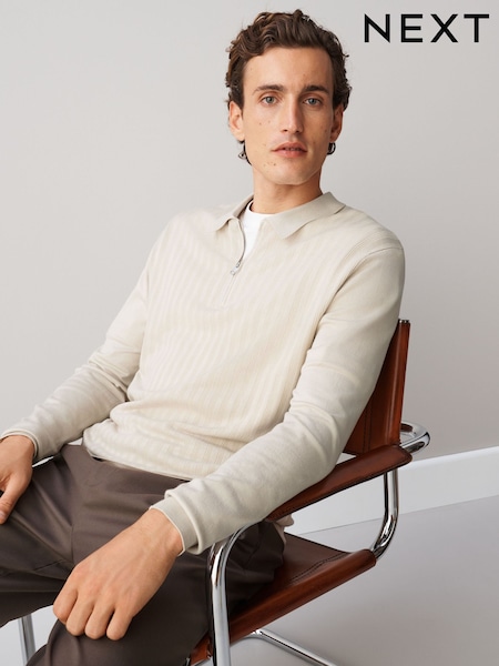 Neutral - Regular Smart Quarter Zip Knitted Polo Shirt