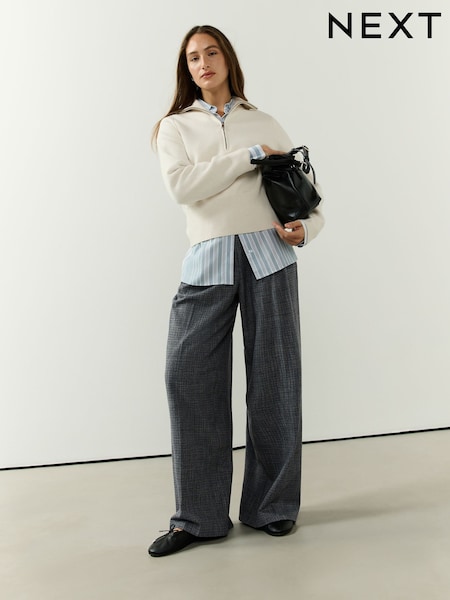 Grey - Check Pleated Wide Trousers