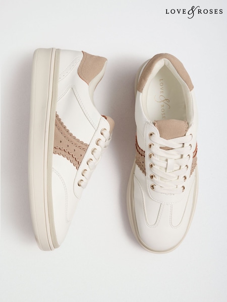 White - Love & Roses Faux Leather Comfort Lace Up Trainers