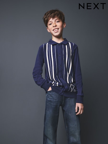 Navy - Vertical Stripe Long Sleeve Button Through Polo Shirt (3-16yrs)
