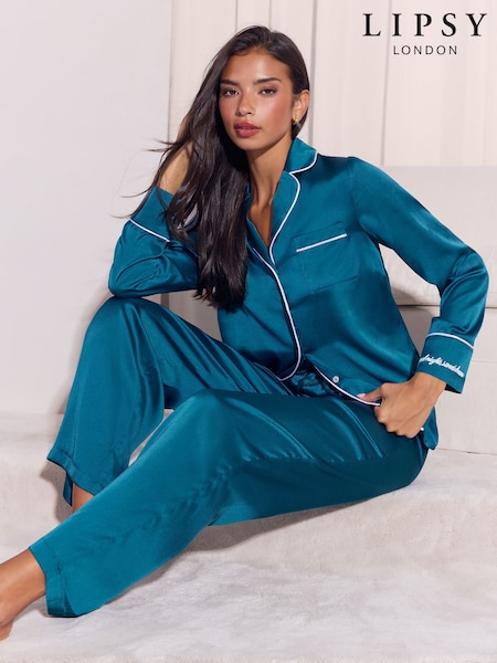 Sinivihreä Sininen - Lipsy Satin Button Down Pyjamas Set