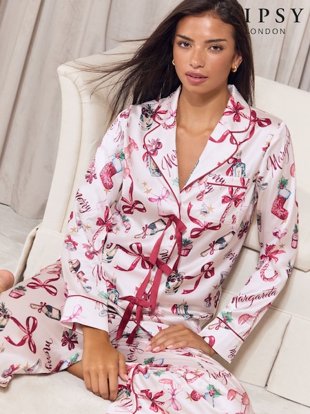 Άσπρο - Lipsy Christmas Merry Margarita Satin Long Sleeve Pyjamas Set