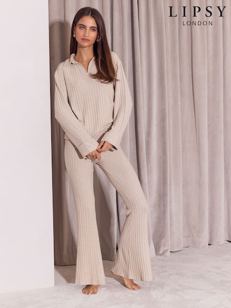 Camel - Lipsy Super Soft Rib Collar Logo Embroidered Lounge Set