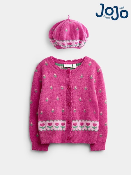Roza cvetlična fuksija - Jojo Maman Bébé Cardigan & Beret Set