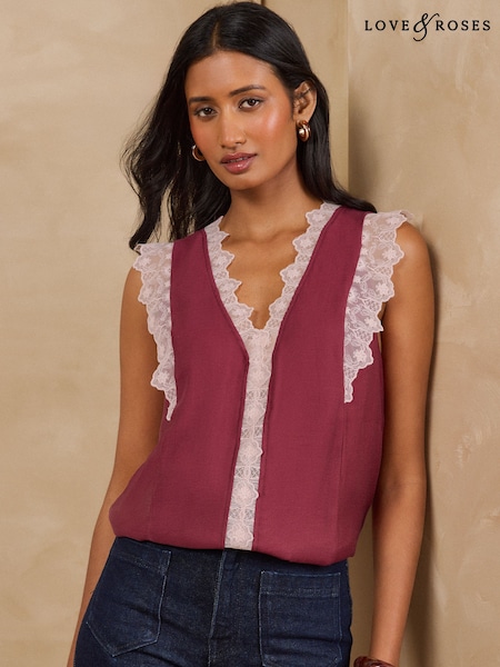 Қызғылт қызғылт - Love & Roses Lace Trim V-neck Vest