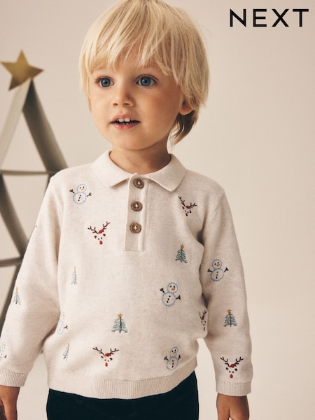 Ecru - Weihnachten Strick-Poloshirt (3Monate -7Jahre)