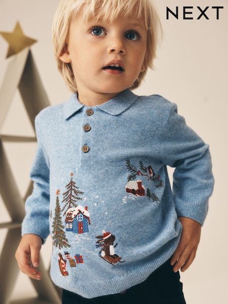 Blue - Christmas Knitted Polo Shirt (3mths-7yrs)