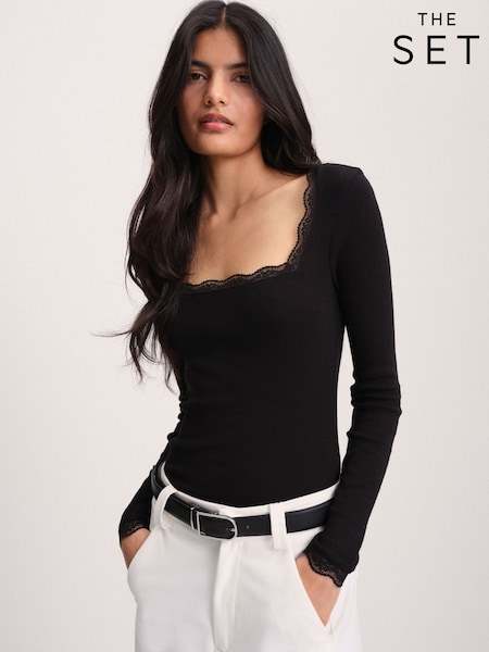 Grey/Black/Ecru - The Set 3 Pack Lace Square Neck Long Sleeve Semi Sheer Top