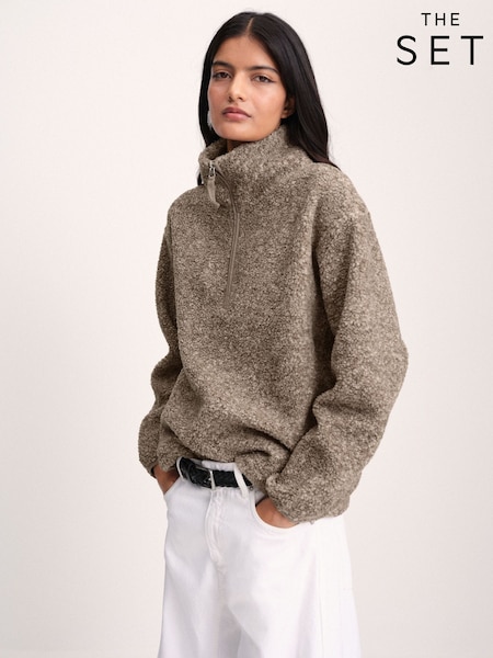 Brown/Oat Marl - The Set 2 Pack Quarter Zip Borg Sweaters