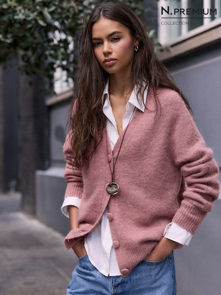 Pink - N.premium Long Sleeve Mid-length Deep V Knit Cardigan